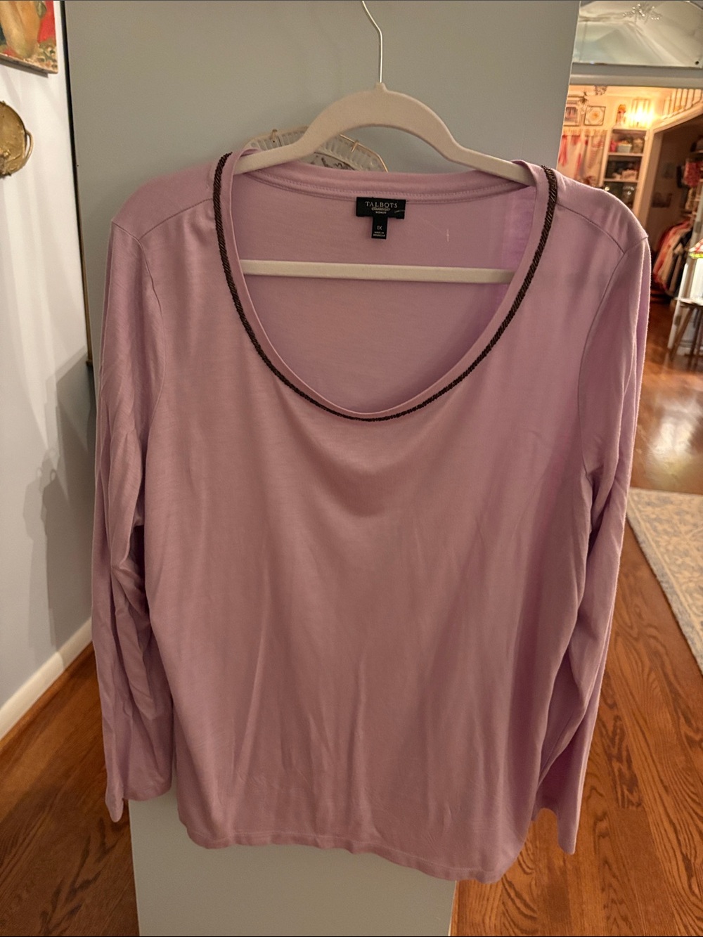 Talbots Light Lavender Scoop-Neck Long Sleeve Top with Beaded Trim
